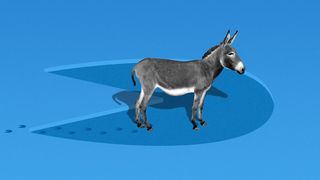 Illustration of a donkey standing on a large donkey hoof print. 